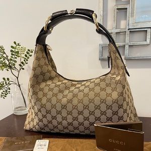 Gucci Canvas Handbag with Gold Horsebit Hardware